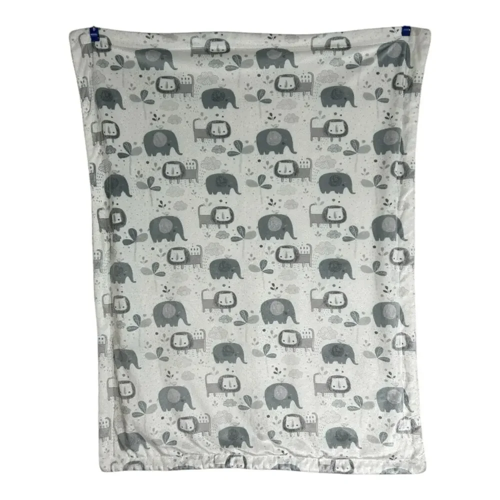 Lila & Jack Gray White Sherpa Lion Elephant Jungle Zoo Safari Baby Blanket